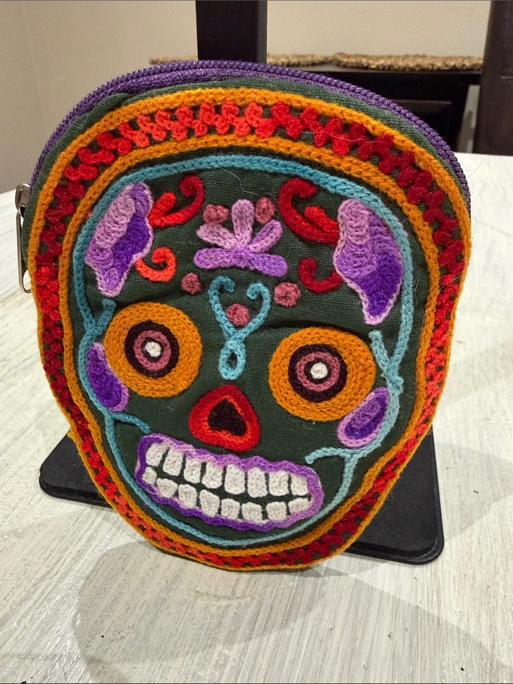 Handcrafted Sugar Skull Embroidered Pouch- Multicolor